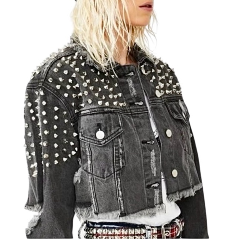 Azalea Wang Studded Grey Denim Jean Cropped Jacket‎